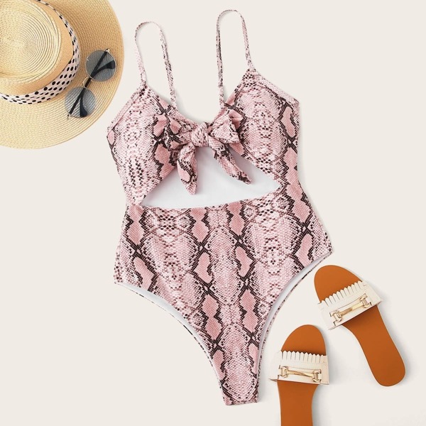 

Snakeskin Knot Front Cut-out One Piece Swimwear
