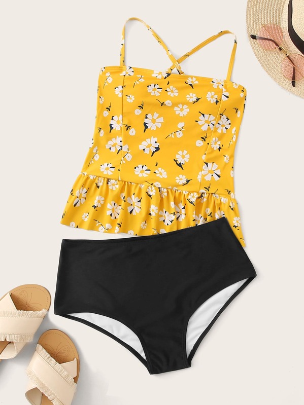 

Floral Criss Cross Ruffle Hem Tankini, Multicolor