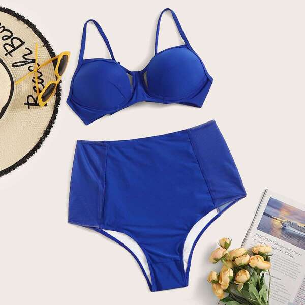 

Cut Out Top With Contrast Mesh Bikini Set