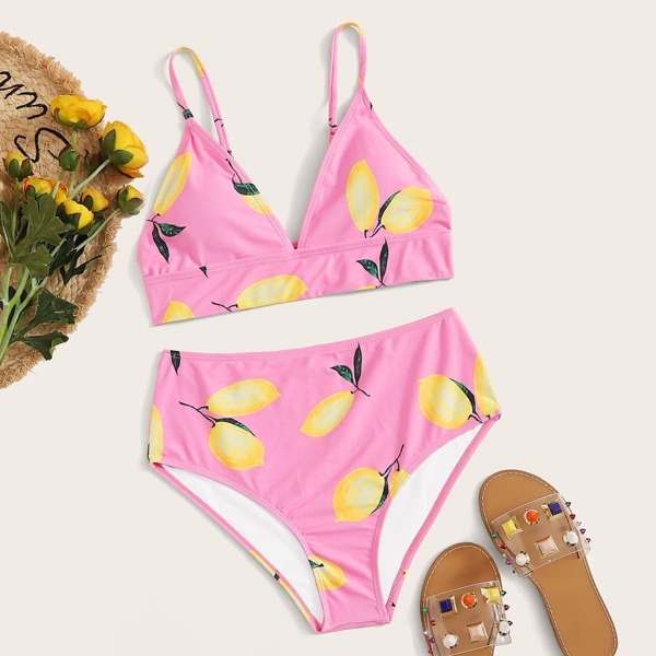 

Lemon Print Top With High Waist Bikini Set