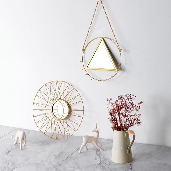 

Metal Geometric Shaped Wall Hanging Decor With Mirror 1pc