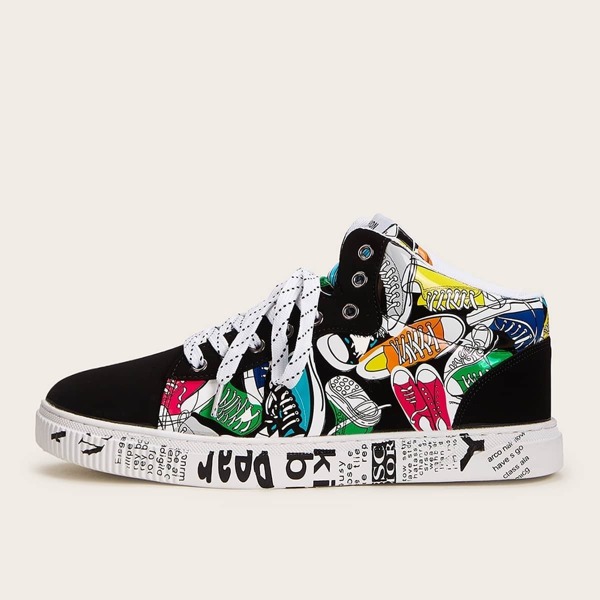 

Men Random Graffiti Print Lace-up Front Sneakers, Multicolor