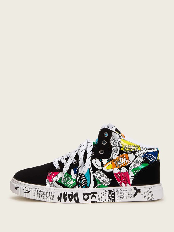

Men Random Graffiti Print Lace-up Front Sneakers, Multicolor