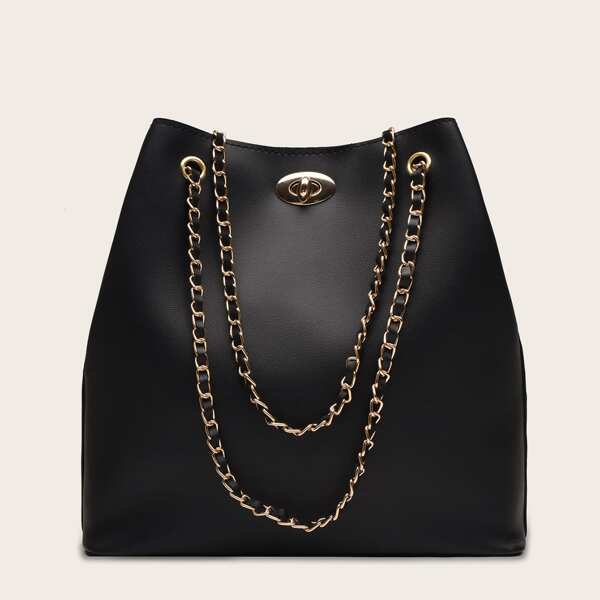 

Twist Lock Chain Tote Bag, Black