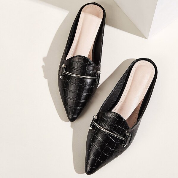 

Point Toe Croc Embossed Flat Mules