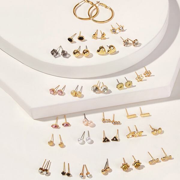 

Flower & Round Stud Earrings 30pairs, Gold