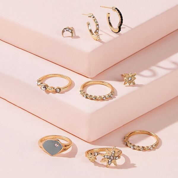 

Rhinestone Engraved Ring & Earrings 9pcs