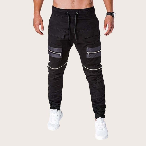 

Men Pocket Zipper Drawstring Waist Pants, Black