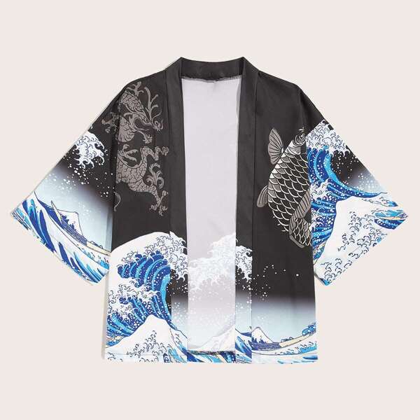 

Men Fish & Dragon Print Open Front Kimono