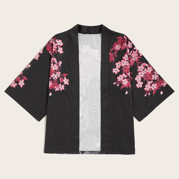 

Men Fish & Floral Print Open Front Kimono