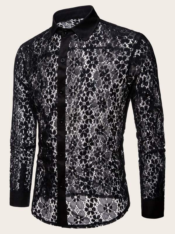 

Men Lace Panel Sheer Single Breasted Shirt, Black