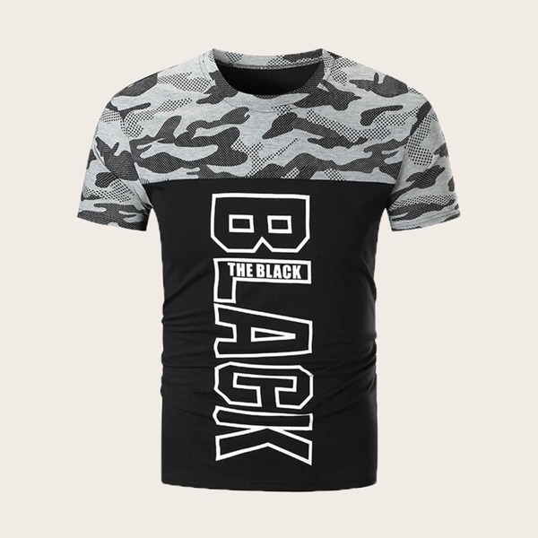 

Men Contrast Panel Camo & Letter Print Tee