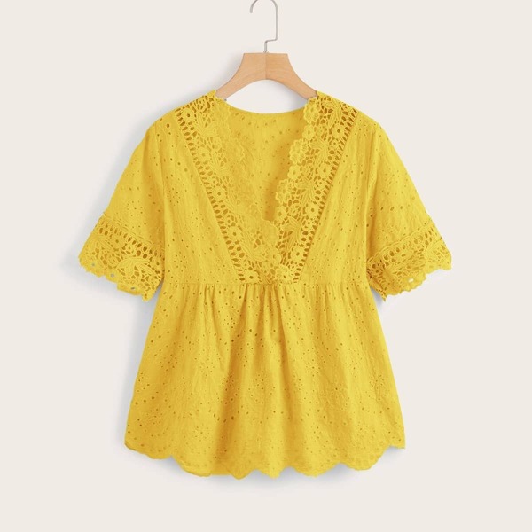 

Crochet Eyelet Embroidered Ruffle Hem Blouse