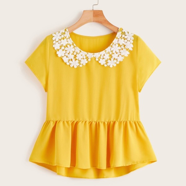 

Contrast Lace Ruffle Hem High Low Blouse