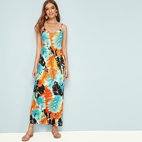 

Palm Tree Print Pocekt Side Cami Dress, Multicolor
