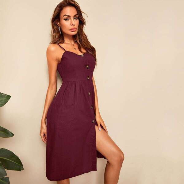 

Double Pocket Button Cami Dress, Burgundy