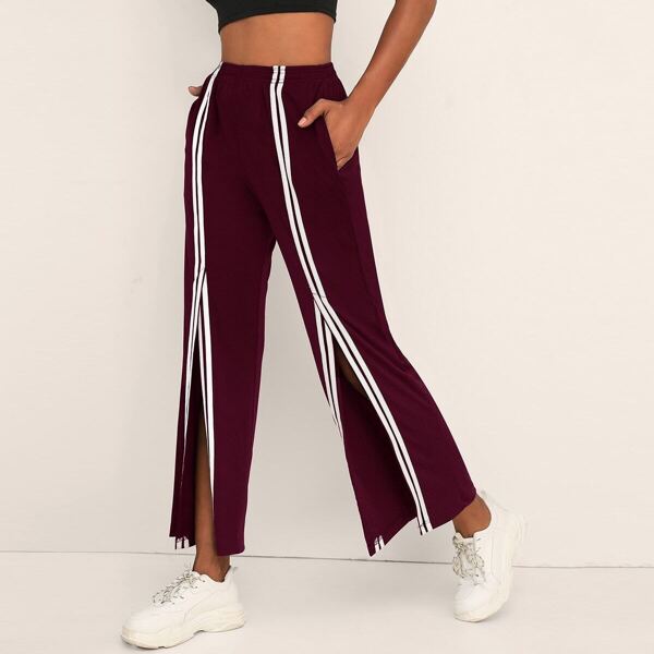 

Contrast Striped Taped Split Hem Pants, Burgundy