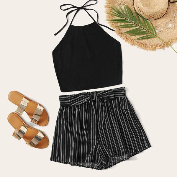 

Self Tie Halter Top & Striped Belted Shorts Set, Black