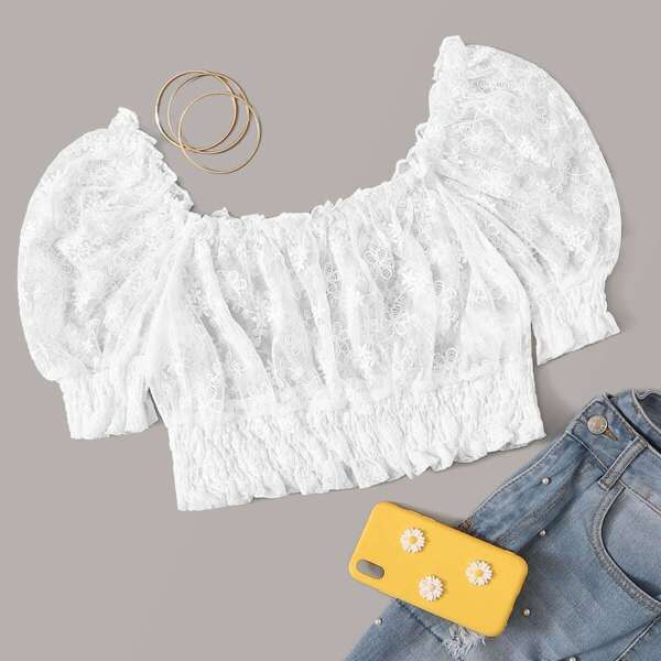 

Frill Trim Embroidery Mesh Shirred Crop Top Without Tube