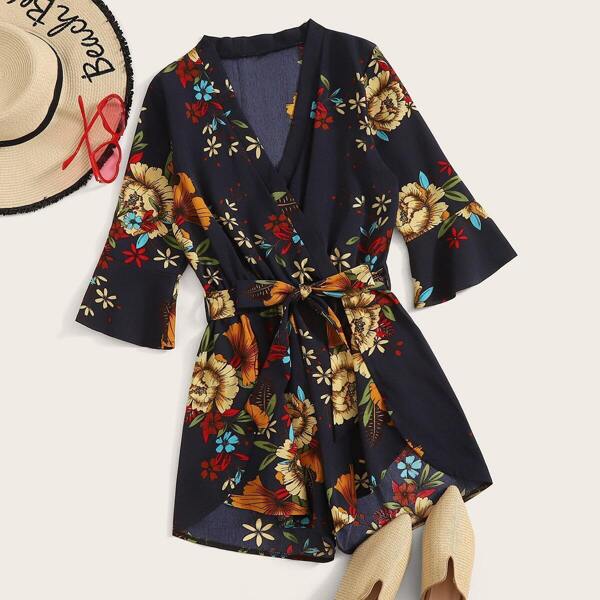 

Random Large Floral Flounce Sleeve Surplice Romper