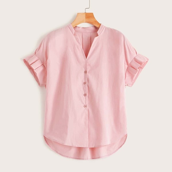 

V-neck Button Front High Low Blouse