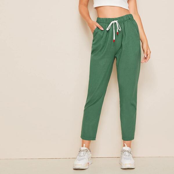 

Solid Drawstring Waist Pants, Green