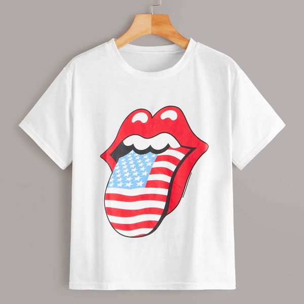

American Flag And Lip Print Tee