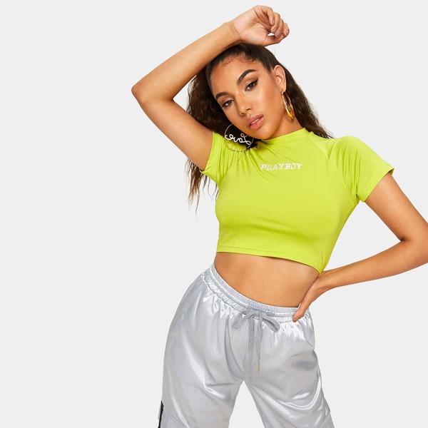

Letter Embroidery Raglan Sleeve Skinny Crop Top