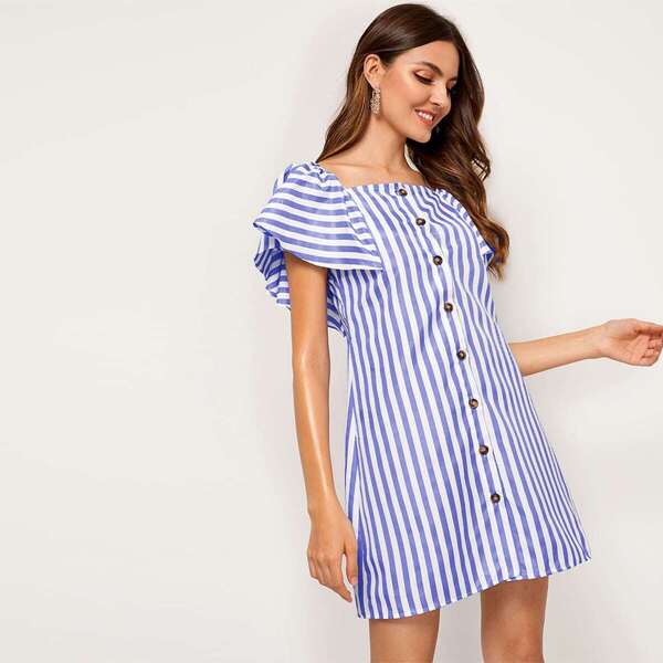 

Striped Button Through Butterfly Sleeve Dress, Blue