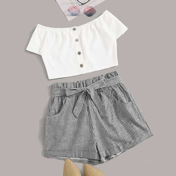 

Button Front Crop Top With Belted Striped Shorts