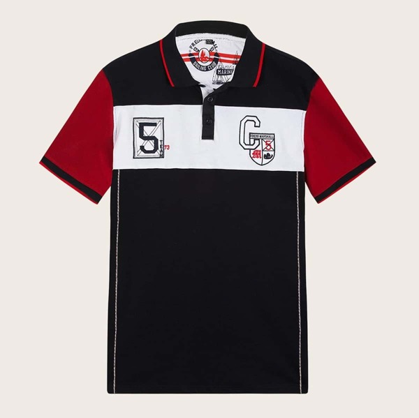 

Men Letter Embroidered Color Block Polo Shirt