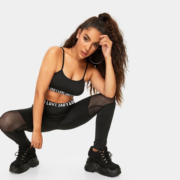 

Letter Print Cami Top With Mesh Panel Leggings