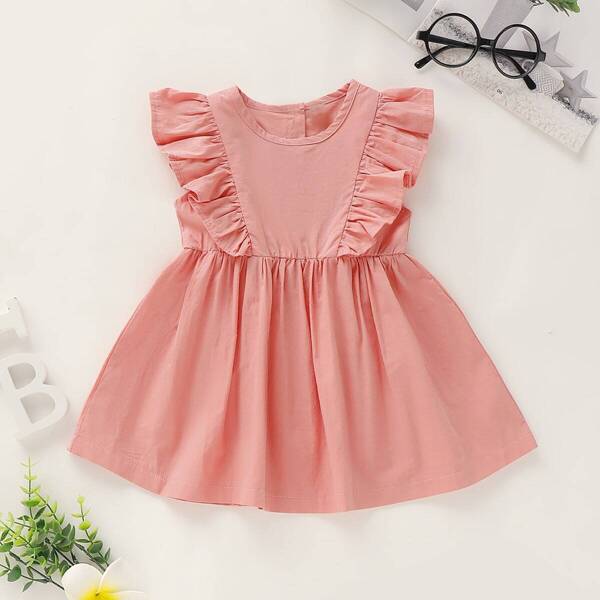 

Baby Girl Ruffle Trim Buttoned Back Flare Dress