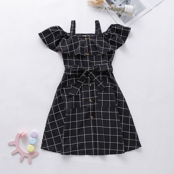 

Toddler Girls Grid Plaid Ruffle Trim Belted Shirt Dress