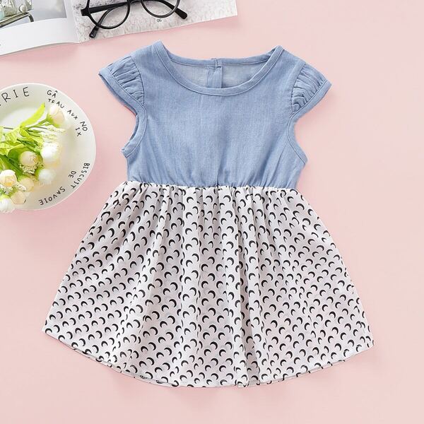 

Baby Girl Moon Print Buttoned Back Combo A-line Dress