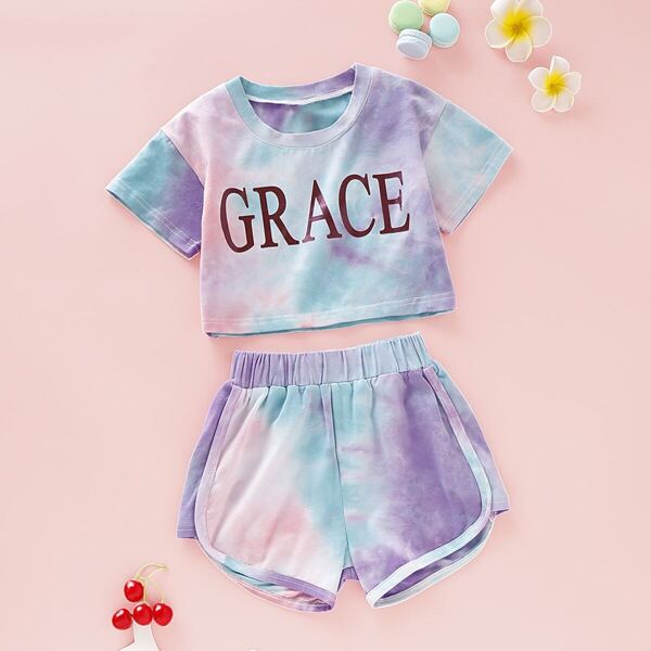 

Toddler Girls Tie Dye Letter Graphic Tee With Track Shorts, Multicolor