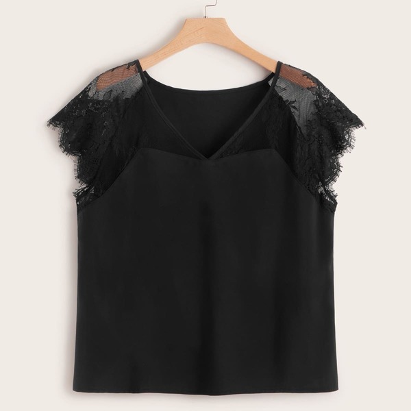 

Plus Contrast Lace V-neck Blouse, Black