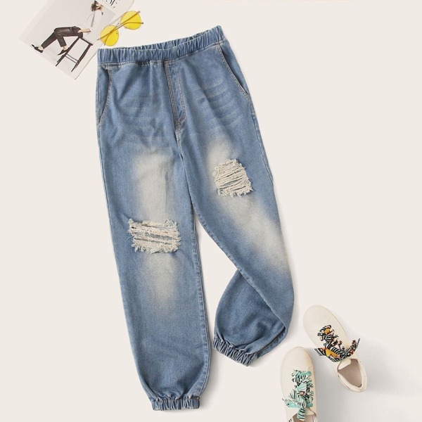 

Plus Ripped Elastic Waist Jeans