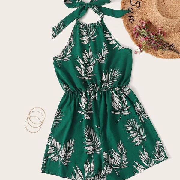 

Plus Leaf Print Halter Playsuit, Green