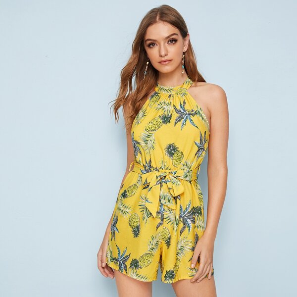 

Pineapple Print Belted Halter Romper