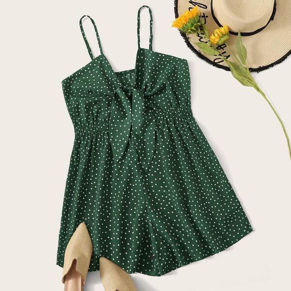 

Plus Polka Dot Tie Front Cami Romper, Green