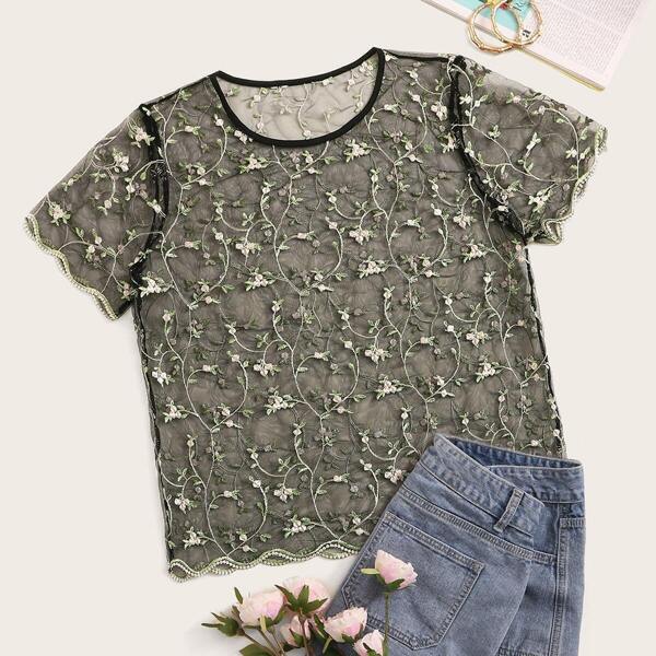 

Plus Embroidery Mesh Sheer Top