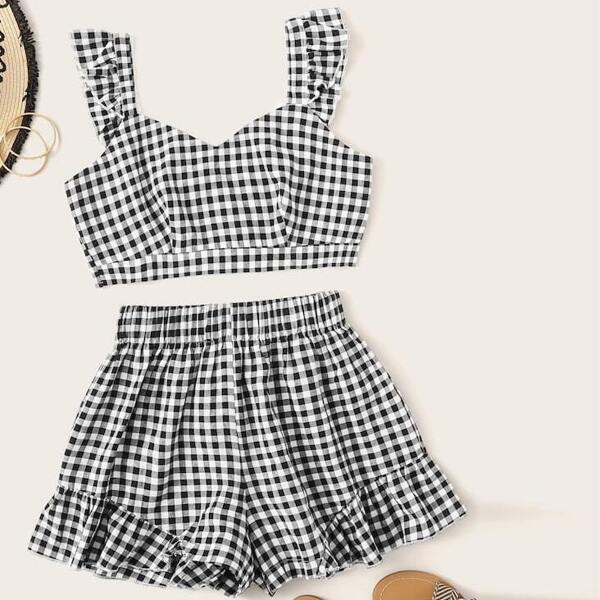 

Plus Gingham Print Frill Trim Crop Top & Shorts, Black and white
