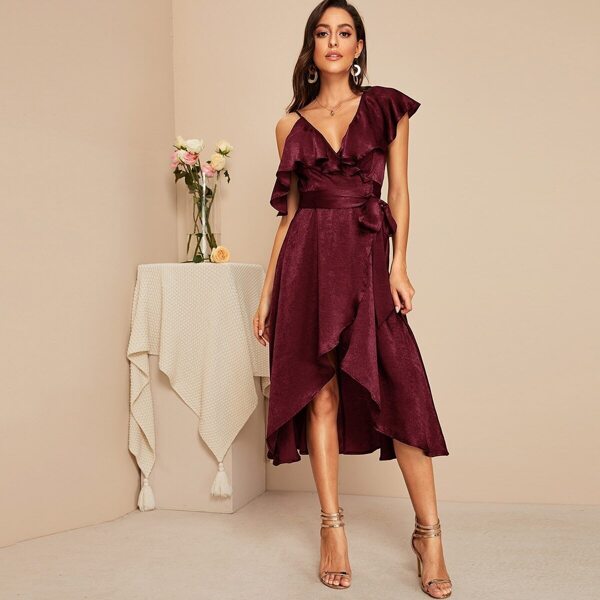 

Ruffle Trim Asymmetrical Neck Wrap Knotted Satin Dress, Burgundy