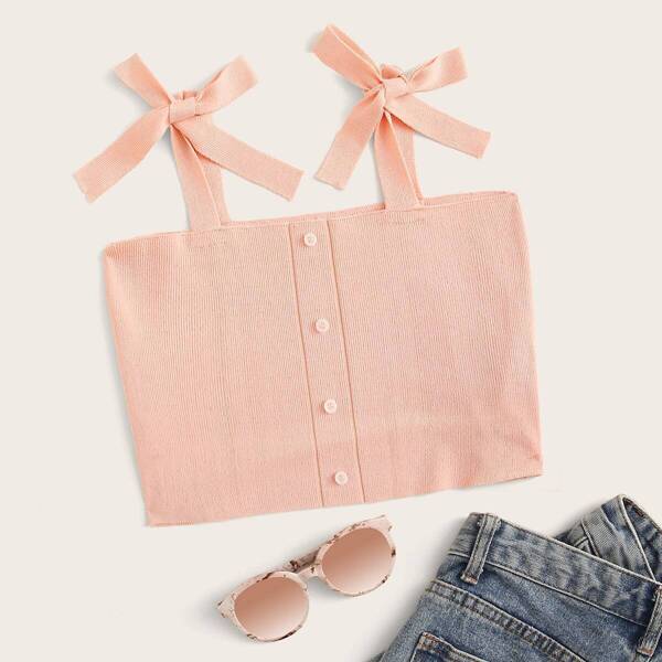 

Tie Strap Button Front Rib-knit Crop Top