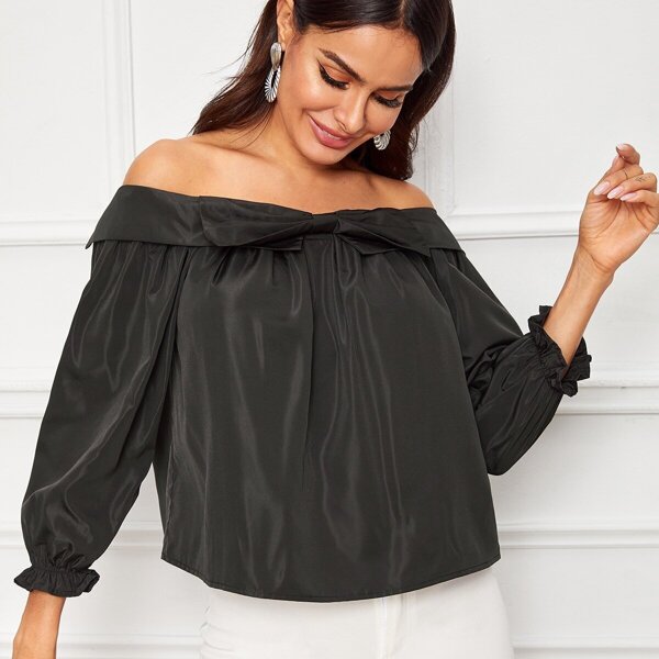 

Solid Off Shoulder Frill Trim Bow Front Top, Black