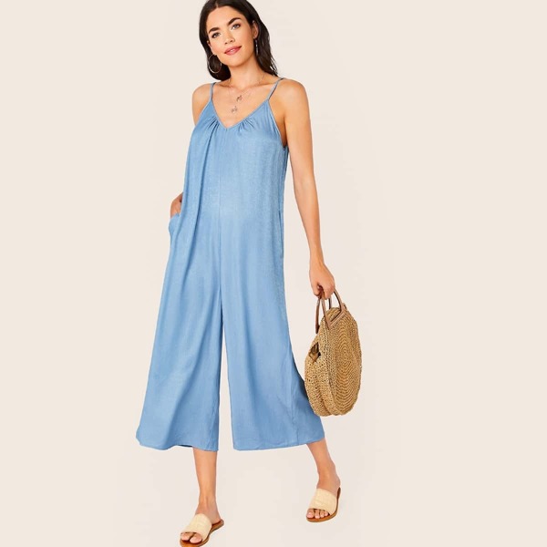 

Double V-neck Pocket Side Slip Palazzo Jumpsuit, Blue pastel