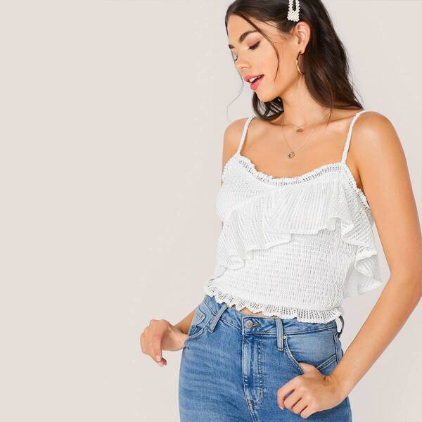 

Solid Ruffle Detail Crochet Cami Top, White