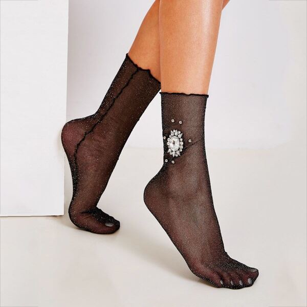 

Rhinestone & Bead Decor Mesh Socks 1pair