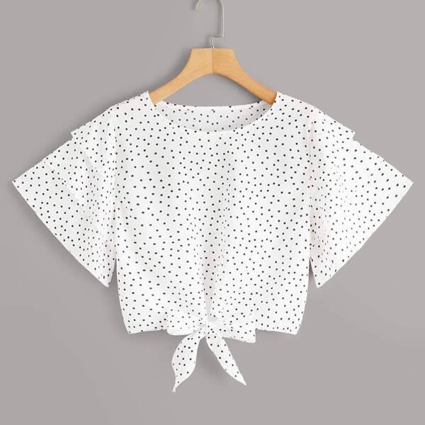

Confetti Polka Dot Print Knot Hem Blouse